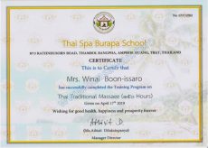 Certificate of Traditional Thai massage at Thai Spa Burapa School (written in English)